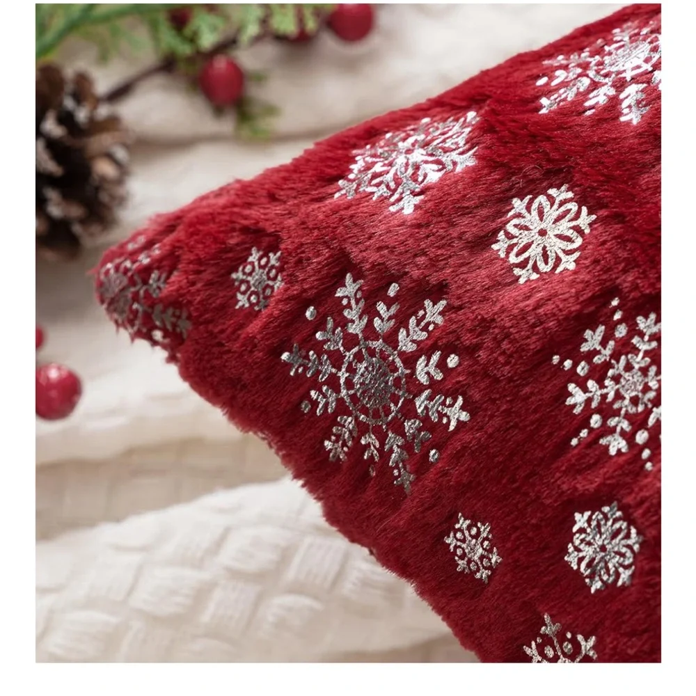 Snowflake Faux Fur SQUARE Pillow Covers RED/SILVER 18x18” (2-Pack)